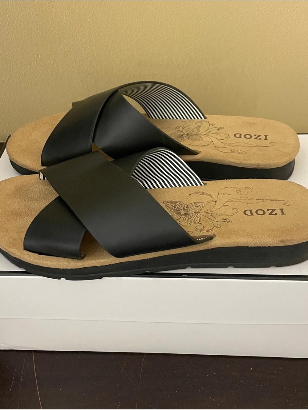 Izod Black Crossover Slide Sandals Striped with Tan Footbed